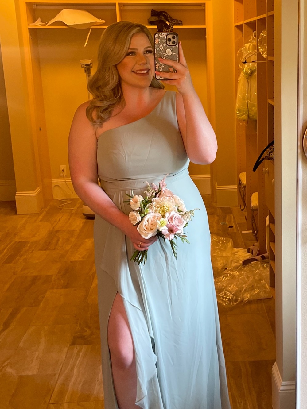 One-Shoulder Sage Green bridesmaid Dress with Side Slit David’s bridal size 18